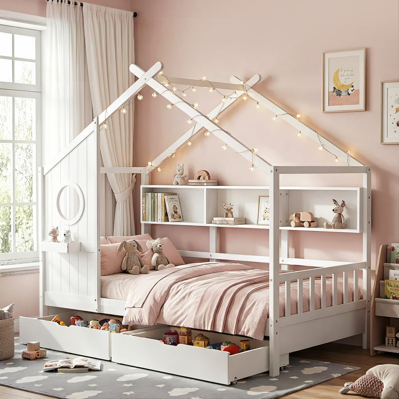 Kids Single Bed Frame with 3 Storage Bookcase & 2 Drawers House Bed So ...