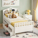 Single Bed Frame with 2 Storage Drawers, Montessori Bed with Headboard, 2 USB Ports & Led Light, Solid Wood Platform Bed Base with Safety Rail & Ladder, 31CM Under-Bed Storage, White