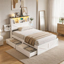 Single Bed Frame with Storage Drawers White Platform Bedframe with Bookcase Headboard Charging Station Led Light