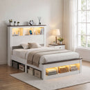 King Single Bed Frame with Storage Bookcase Headboard and Footboard, White