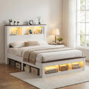 Queen Bed Frame with Storage Bookcase Headboard and Footboard White Wooden Platform Bed with Charging Station and Led Light Bedroom Furniture
