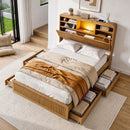 King Single Bed Frame with Storage, 4 Drawers, USB and Night Light Natural