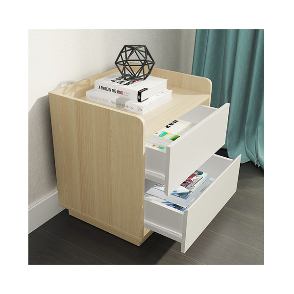 White And Natural Bedside Table With 2 Drawers