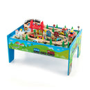 80 Pieces Wooden Train Set And Table With Reversible Tabletop Blue