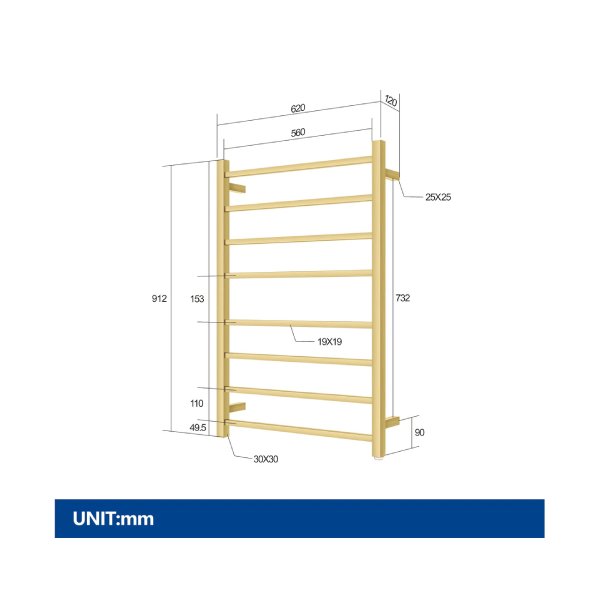 Brushed Electric Heated Towel Rack Square 8 Bars