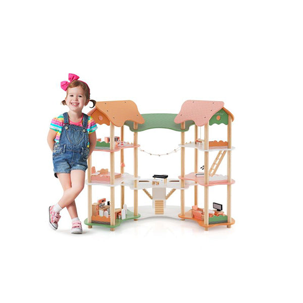 Wooden Dollhouse With 32 Pcs Realistic Furniture Accessories And Roofs