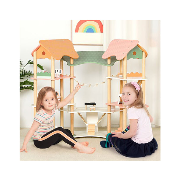 Wooden Dollhouse With 32 Pcs Realistic Furniture Accessories And Roofs