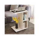 C Shaped End Table With Storage Shelves And Lockable Casters