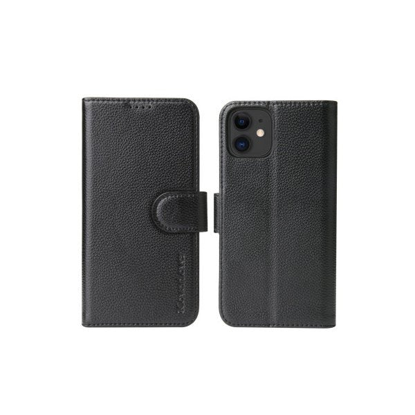 For Iphone 11 Case Black Genuine Cow Leather Wallet Folio Case