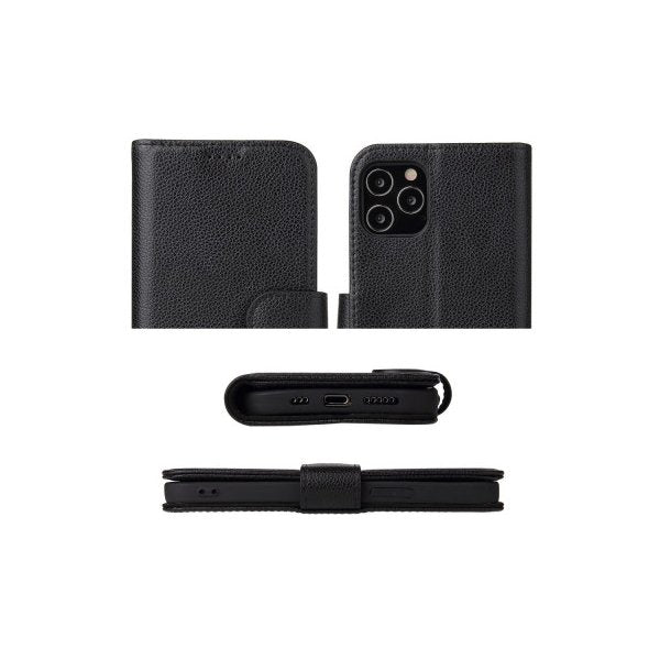 For Iphone 12 Mini Black Genuine Cow Leather Wallet Folio Case