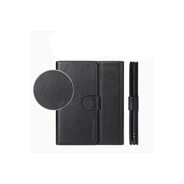 For Iphone 12 Mini Black Genuine Cow Leather Wallet Folio Case