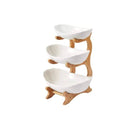 Porcelain Fruit Bowl Ceramic Vegetable Storage With Bamboo Stand
