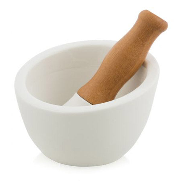 Porcelain Mortar And Pestle Bowl Set White Wooden Bamboo Handle