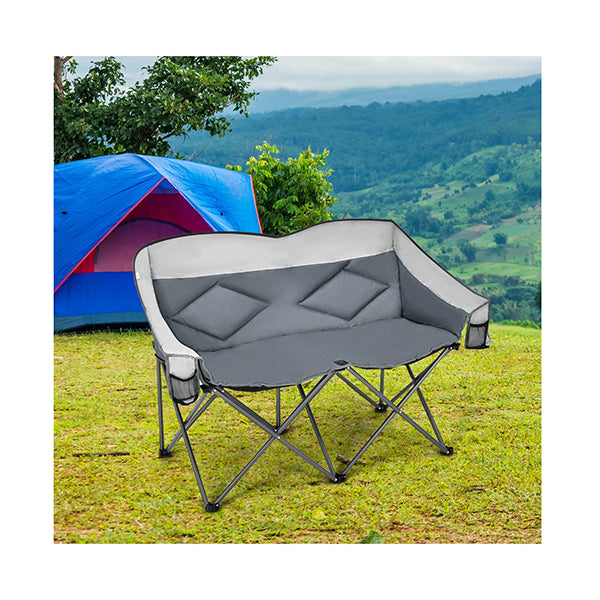 Outdoor Double Folding Camping Chair with Armrest and Carry Bag Grey