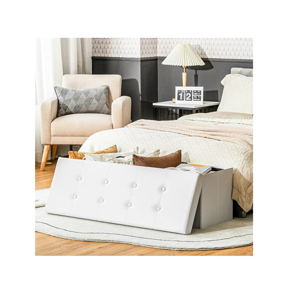Tufted Faux Leather Folding Storage Ottoman Bench White