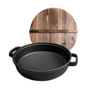 33Cm Round Cast Iron Deep Baking Pizza Frying Pan With Wooden Lid