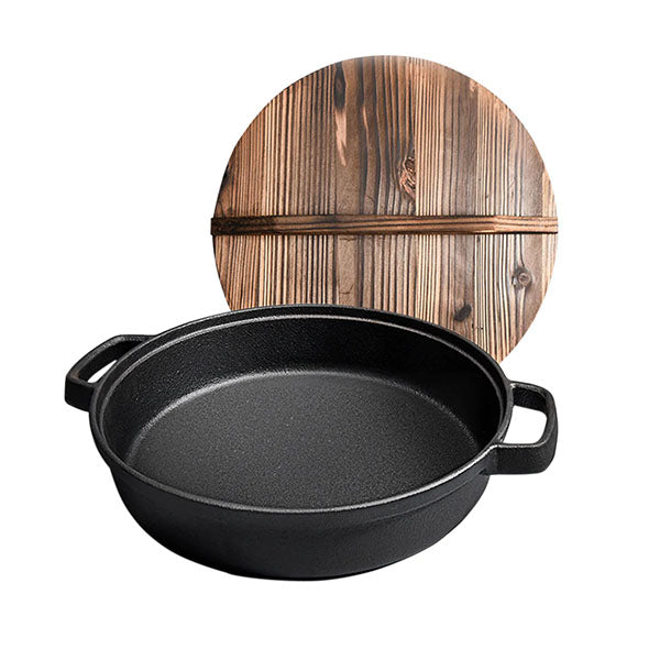 33Cm Round Cast Iron Deep Baking Pizza Frying Pan With Wooden Lid