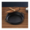 33Cm Round Cast Iron Deep Baking Pizza Frying Pan With Wooden Lid