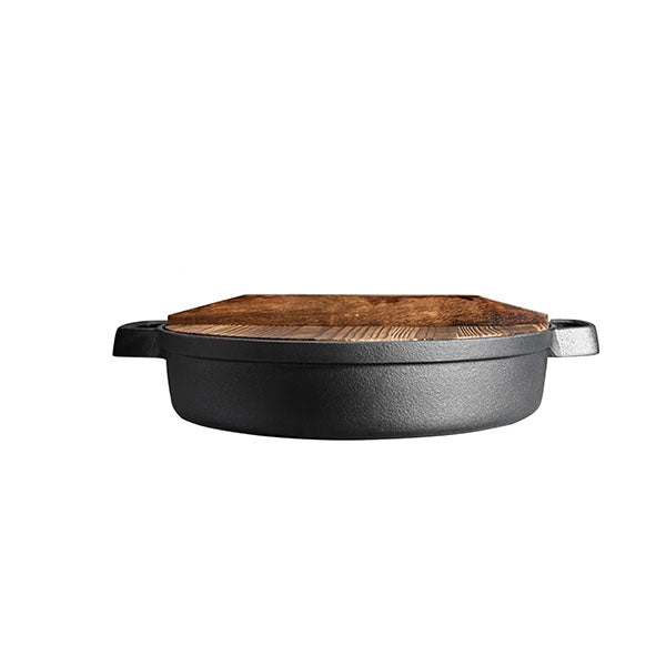 31Cm Round Cast Iron Deep Baking Pizza Frying Pan With Wooden Lid