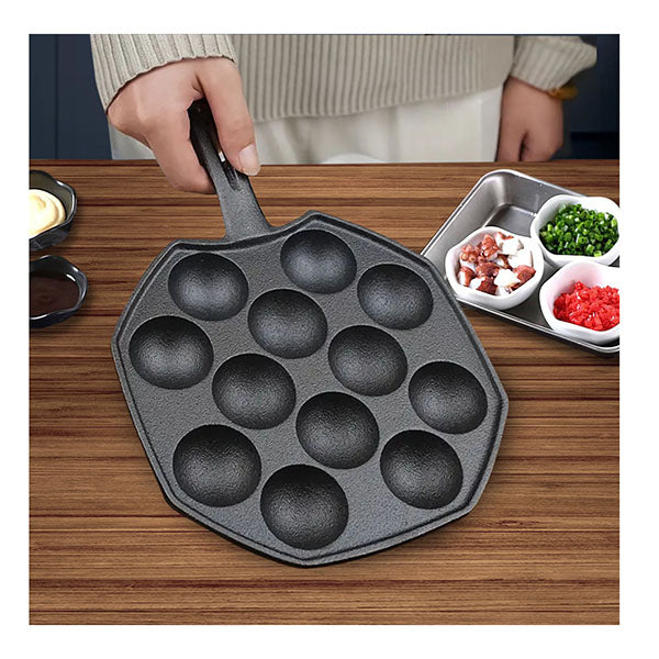 18Cm Cast Iron Takoyaki Fry Pan Octopus Balls Maker 12 Hole Grill Mold