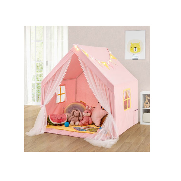 Large Play Tent With Washable Cotton Mat And Star Lights For Kids Pink