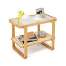 2 Tier Bamboo Side Table With Glass Top And Pe Rattan Shelf