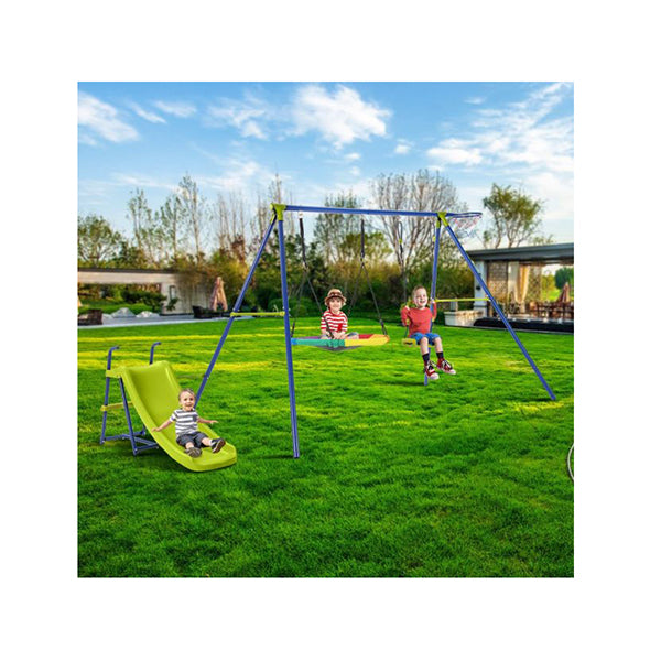 4 In 1 Swing Set Metal Playset With Slide Basketball Hoop