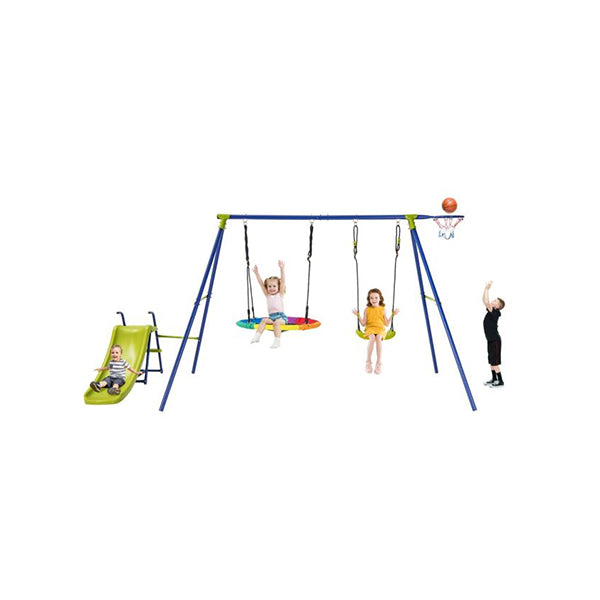 4 In 1 Swing Set Metal Playset With Slide Basketball Hoop
