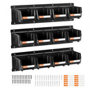 Wall Mounted Storage Bins, 12 Plastic Bins & 3 Metal Rails, Plastic Hanging Stackable Storage Bin for Screws, Nuts, Bolts, Nails, Hardware Tool Organizer for Workshop, Craft Room, Garage, Black
