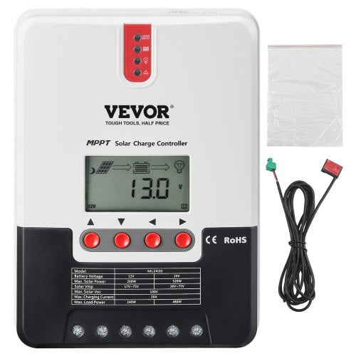 20A MPPT Solar Charge Controller, Auto DC Input, Solar Panel Regulator Charger with LCD Display Temperature Sensor Cable, for Sealed(AGM), Gel, Flooded and Lithium Battery Charging