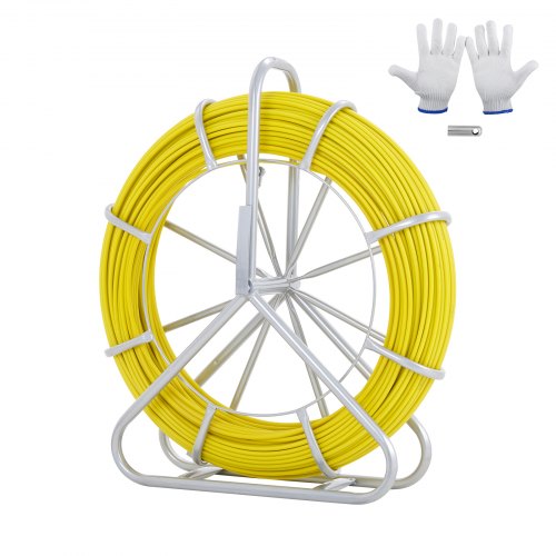 Fish Tape Fiberglass, 129.5 m, 6.35 mm, Duct Rodder Fishtape Wire Puller, Cable Running Rod with Steel Reel Stand, 3 Pulling Heads, Fishing Tools for Walls and Electrical Conduit, Non-Conductive