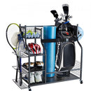 Golf Storage Garage Organizer, 2 Golf Bag Stand Holder and Other Sports Equipment Storage Rack, Rolling Ball Cart on Wheels, Outdoor Sport Gear and Toy Storage with Baskets & Hooks, Steel, Black