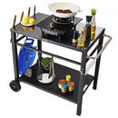Outdoor Grill Dining Cart with Double-Shelf,  85*55cm BBQ Movable Food Prep Table, Multifunctional Iron Table Top, Portable Modular Carts for Pizza Oven, Worktable with 2 Wheels, Carry Handle, Black