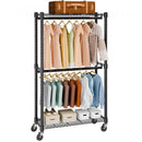 Heavy Duty Clothes Rack, Double Hanging Rods Clothing Garment Rack with Bottom and Top Storage Tier, Rolling Clothing Rack for Hanging Clothes, Thicken Steel Tube Hold Up to 136 KG