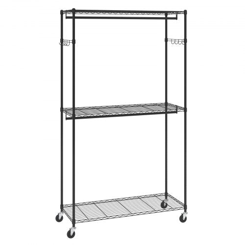 Heavy Duty Clothes Rack, Rolling Clothing Garment Rack with 3 Storage Tiers, 2 Rods and 2 Pairs Side Hooks, Adjustable Height Clothing Rack Closet for Hanging Clothes, 182 kg Load Capacity