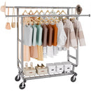 Heavy Duty Clothes Rack, Double Hanging Rod Clothing Garment Rack for Hanging Clothes, Adjustable Height and Extendable Length Clothing Rack with Bottom Storage Area, 272 KG Load Capacity