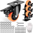 Caster Wheels, 76.2 mm Swivel Plate Casters, Set of 4, with Security A/B Locking No Noise PVC Wheels, Heavy Duty 113 kg Load Capacity Per Caster, Non-Marking Wheels for Cart Furniture Workbench