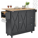 Kitchen Island Cart, 56" Wood Top Mobile Carts with Storage Cabinet, Rolling Table with Drop Leaf, Spice Rack, Towel Bar, Adjustable Shelf, Drawer, and Hooks, Portable Islands on Wheels, Black