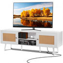 Rattan TV Stand for 65 inch TV, Boho TV Stand with Rattan Door, Entertainment Center with Build-in Socket and USB Ports, Modern TV Console for Living Room, Media Room, White