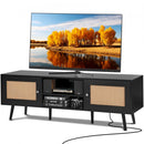 Rattan TV Stand for 65 inch TV, Boho TV Stand with Rattan Door, Entertainment Center with Build-in Socket and USB Ports, Modern TV Console for Living Room, Media Room, Black