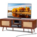 Rattan TV Stand, Mid Century Modern TV Stand for 65 inch TV, Boho Rattan TV Cabinet with Build-in Socket and USB Ports, Adjustable Shelfs for Living Room, Media Room, Walnut