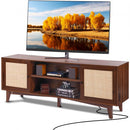 Rattan TV Stand for 75" TV Boho TV Stand with Build-in Socket Walnut