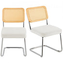 Rattan Chairs, Set of 2, Mid Century Modern Dining Chair, Upholstered Velvet Accent Chair with Rattan Back, Retro Dining Room Kitchen Chair for Living Room, Bedroom, Reading Room, Office, White