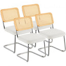 Rattan Chairs, Set of 4, Mid Century Modern Dining Chair, Upholstered Velvet Accent Chair with Rattan Back, Retro Dining Room Kitchen Chair for Living Room, Bedroom, Reading Room, Office, White