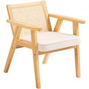 Rattan Chair, Mid Century Modern Dining Chair with Armrest, Upholstered Chair with Rattan Back, Retro Rattan Dining Room Kitchen Chair for Living Room, Bedroom, Reading Room, and Office, Beige