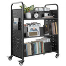 3-Tier Rolling Book Cart Double Sided W-Shaped Shelves Book Truck in Black