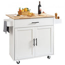 Kitchen Island Cart with Solid Wood Top, 900mm Width Mobile Carts with Storage Cabinet, Rolling Kitchen Table with Spice Rack, Towel Rack, Drop Leaf and Drawer, Portable Islands on Wheels, White
