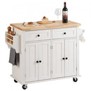 Kitchen Island Cart with Solid Wood Top, 900 mm Width Mobile Carts with Storage Cabinet, Rolling Kitchen Table with Spice Rack, Towel Rack, and Drawer, Portable Islands on Wheels, White