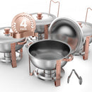 Chafing Dish Buffet Set, 5 Qt 4 Pack, Stainless Steel Chafer with 4 Full Size Pans, Round Catering Warmer Server with Lid Water Pan Folding Stand Clip, for Weddings Parties Banquets, Rose Gold