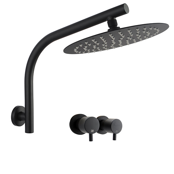 250Mm Rainfall Shower Head With Goose Neck Arm Wall Hot Cold Taps Set